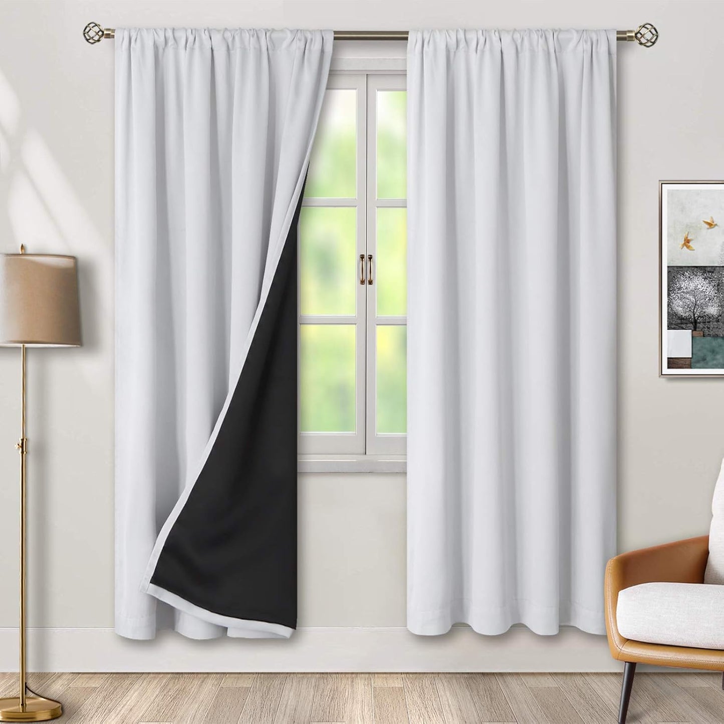 BGment Thermal Insulated 100% Blackout Curtains for Bedroom with Black Liner, Double Layer Full Room Darkening Noise Reducing Rod Pocket Curtain (42 x 72 Inch, Greyish White, 2 Panels)