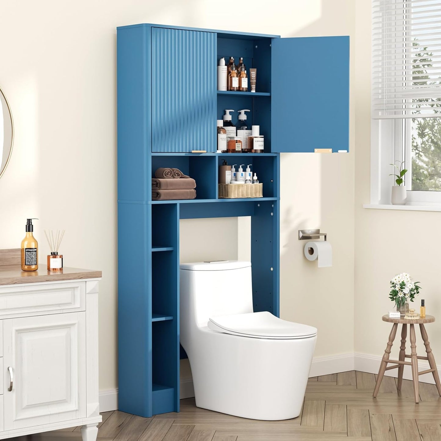 31" W Over The Toilet Storage Cabinet with Fluted Door, Blue Bathroom Organizer with Adjustable Shelf, Toilet Paper Holder Stand Wave Door for Restroom, Laundry Room