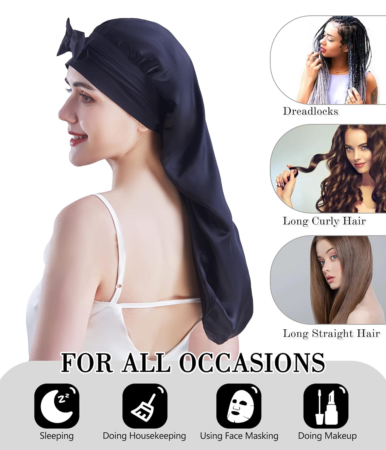 Cocheng Mulberry Silk Bonnet for Sleeping Long Silk Bonnet for Curly Hair Braids Cap for Women Silk Cap with Tie Band