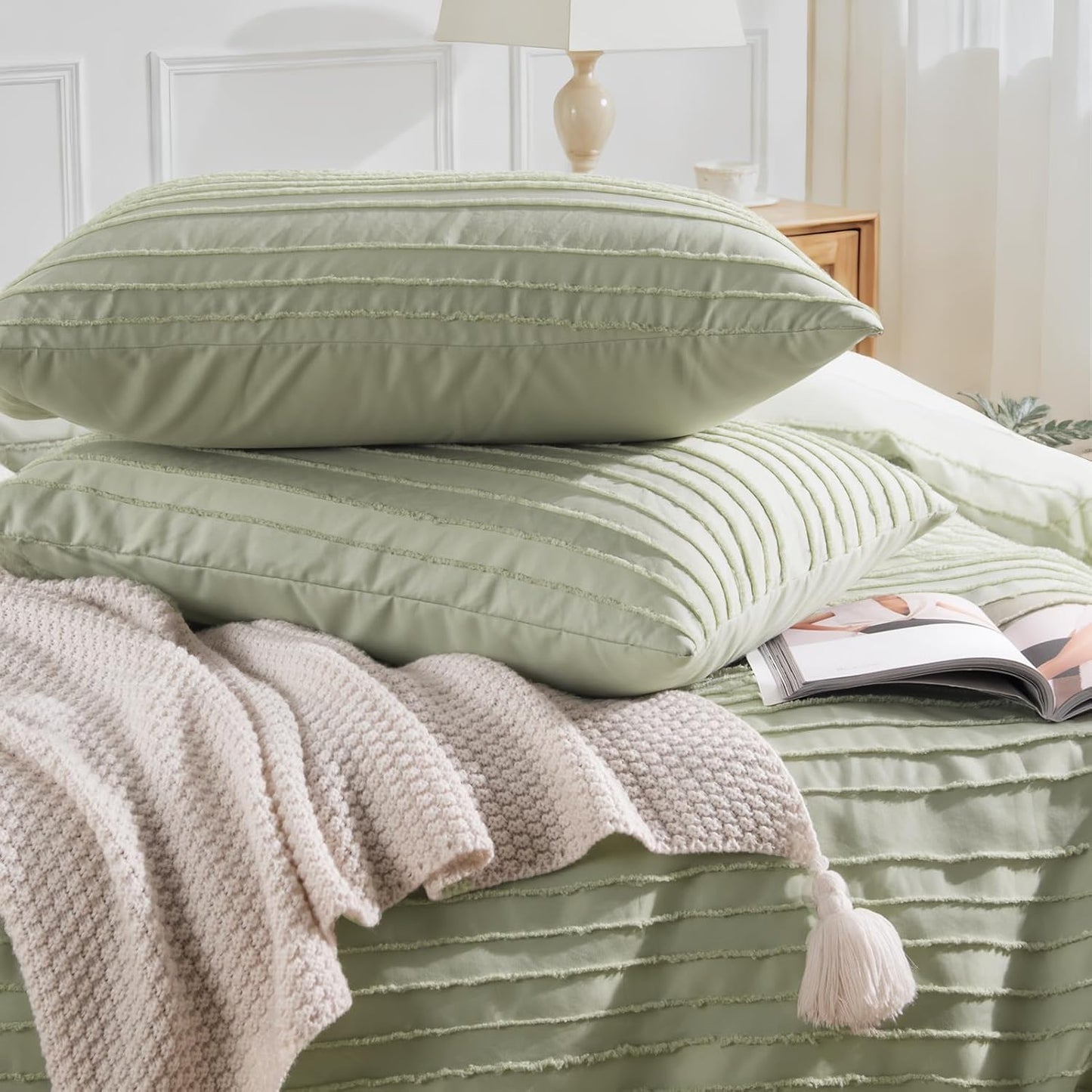 NEXHOME PRO California King Duvet Cover, Blue 3 Pieces Boho Tufted Duvet Cover Set, Soft and Lightweight Microfiber Comforter Cover Set (Sage Green,104 x 98)-No Comforter