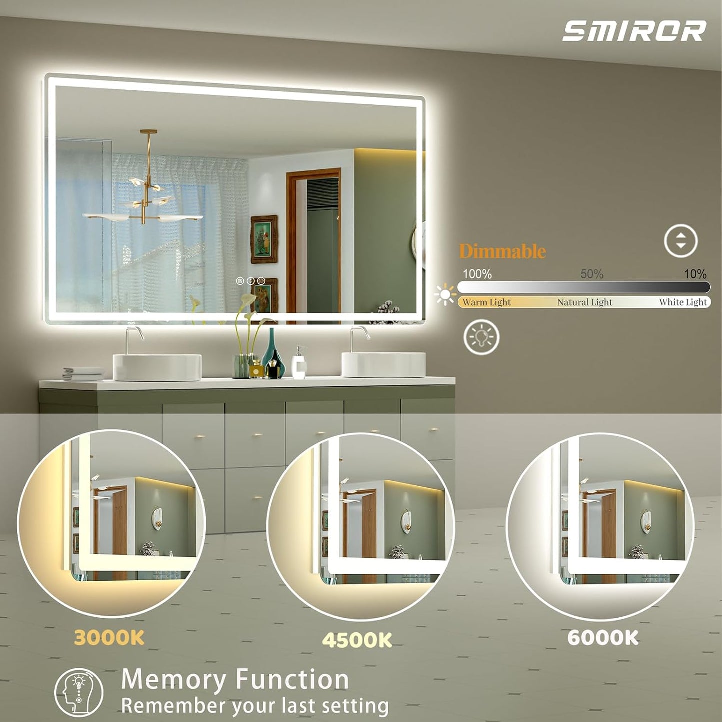 SMIROR LED Bathroom Mirror with Lights 60"x 36", Rounded Rectangle Lighted Vanity Mirror for Wall, Front Lit and Backlit, 3 Colors, Dimmable, Anti-Fog, Tempered Glass (Horizontally/Vertically)