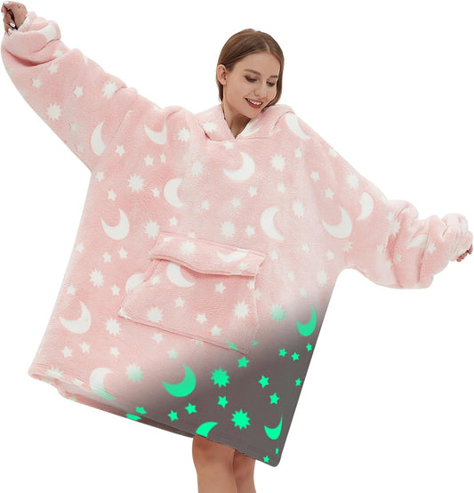Glow in The Dark Wearable Blanket Hoodie for Adult,Oversized Sherpa Fleece Blanket Hoodie for Women Men,Luminous Moon and Stars