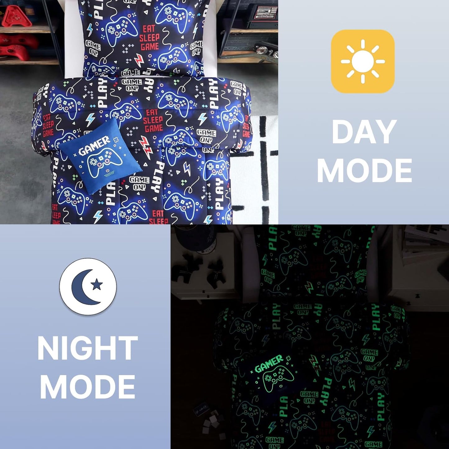 Twin Comforter Set for Boys-3 Pieces Gamer Glow in The Dark Twin Bedding Sets for Kids,1 Comforter,1 Sham and 1 Decor Pillow