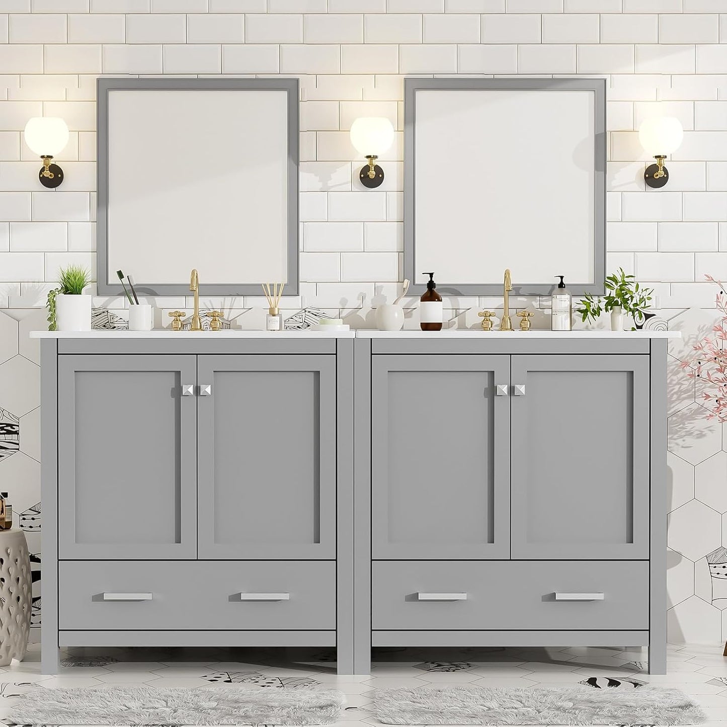 60" Bathroom Vanity Set with Double Vanities, Double Ceramic Sinks, Storage Shelf, Soft Closing Doors, Divided Drawers (Mirror not Included), Large Bathroom Vanity Sink Set (Grey)