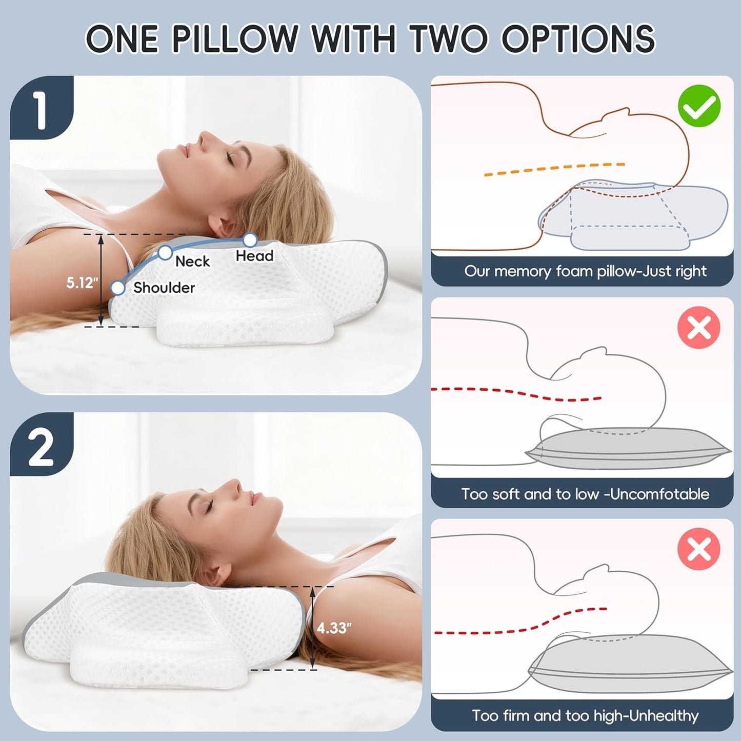 Cervical Neck Pillow for Pain Relief, Ergonomic Contour Pillow for Sleeping, 2 Heights Cooling Pillow for Neck and Shoulder Support, Memory Foam Orthopedic Pillow for Side Back Stomach Sleepers Grey