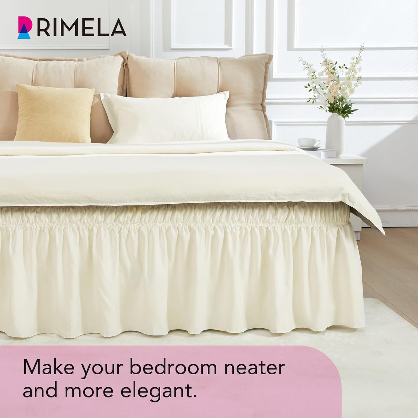 RIMELA Off White Bed Skirt King Size 18 Inch Drop, Elastic Bed Skirting for Bed Base and Frame, Bedding Dust Ruffle Easy to Install, Lightweight Wrap Around Adjustable Bedskirt