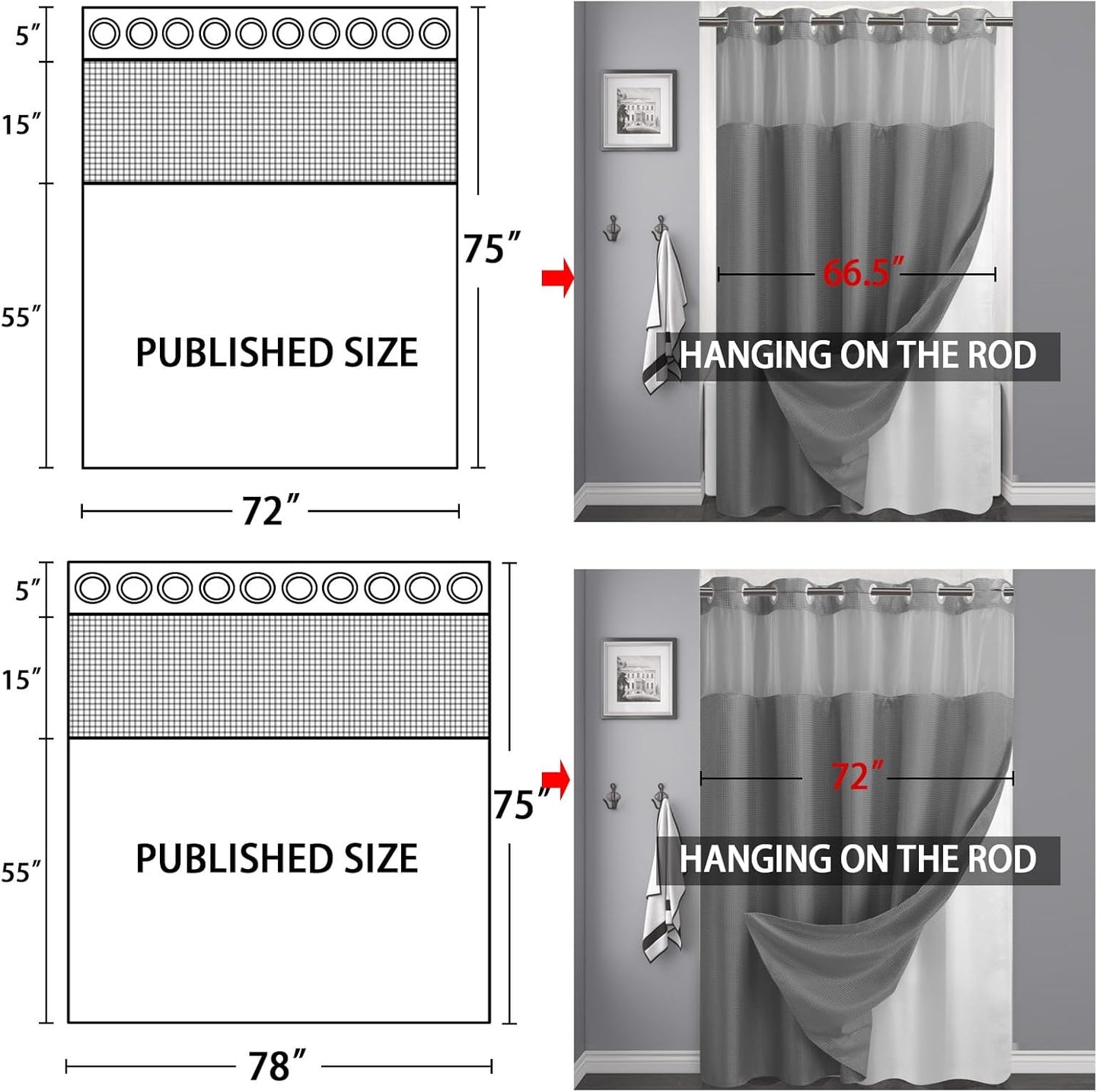 YellyHommy No Hook Shower Curtain with Snap in Liner Set Less Time Grey Waffle Shower Curtain for Bathroom 75" L x 78" W
