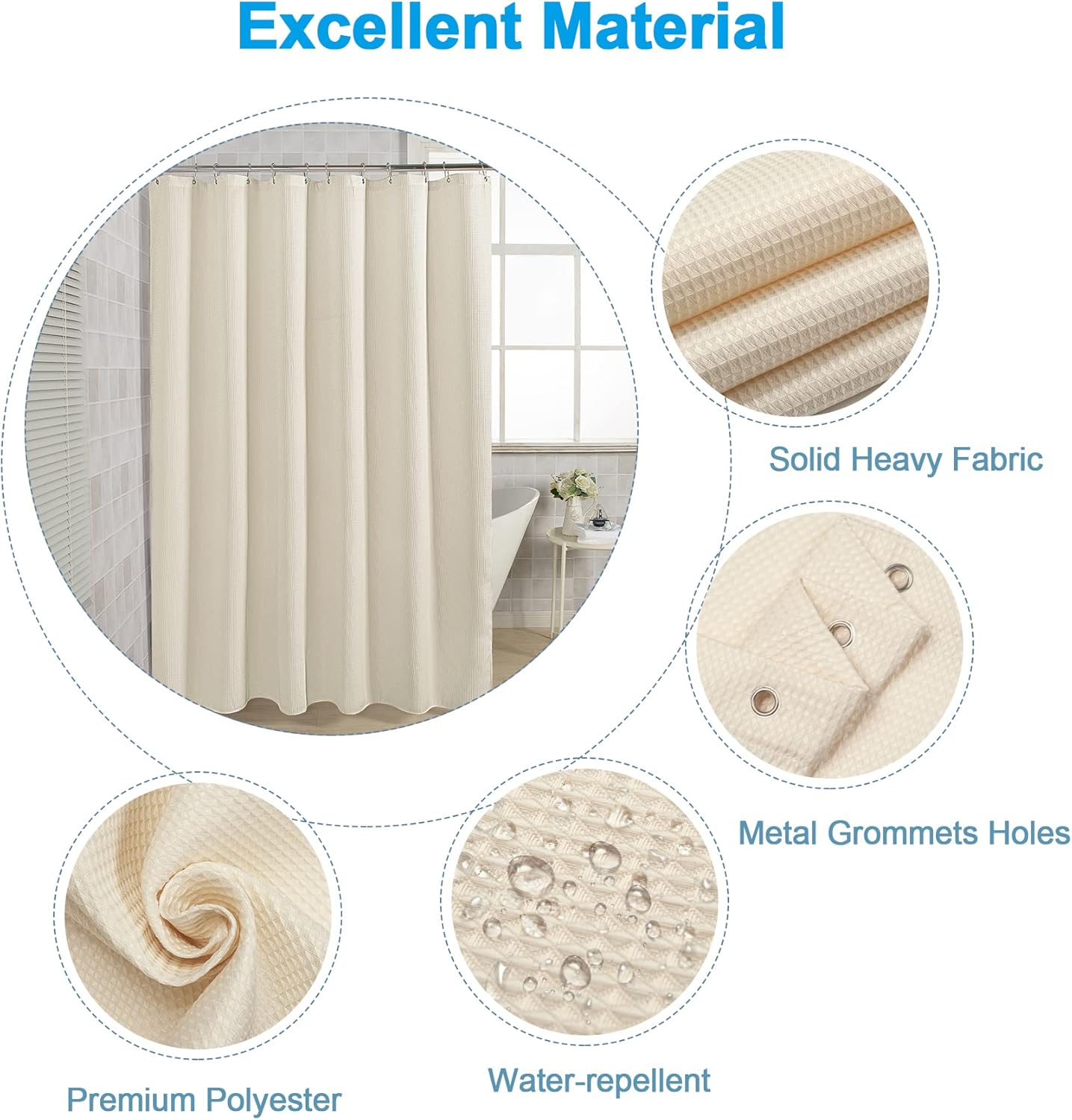 AmazerBath Waffle Shower Curtain, Heavy Duty Fabric Shower Curtain with Waffle Weave Hotel Quality Bathroom Curtains, 72 x 72 Inches (Cream Yellow)