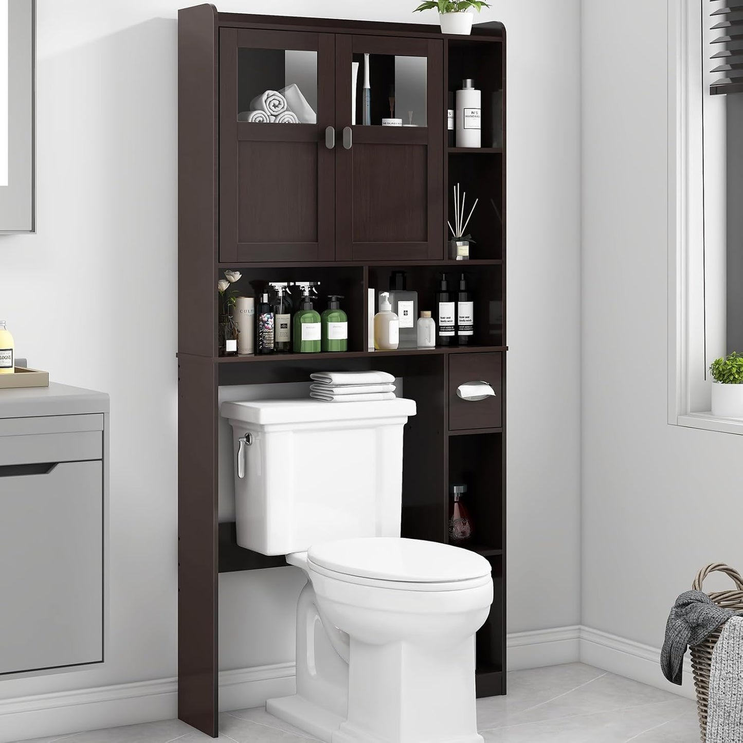 Vabches Over The Toilet Storage Cabinet, Bathroom Shelf Over Toilet with Glass Doors and Adjustable Shelves, Espresso Freestanding Home Space Save Toilet Rack for Restroom, Bathroom, Laundry