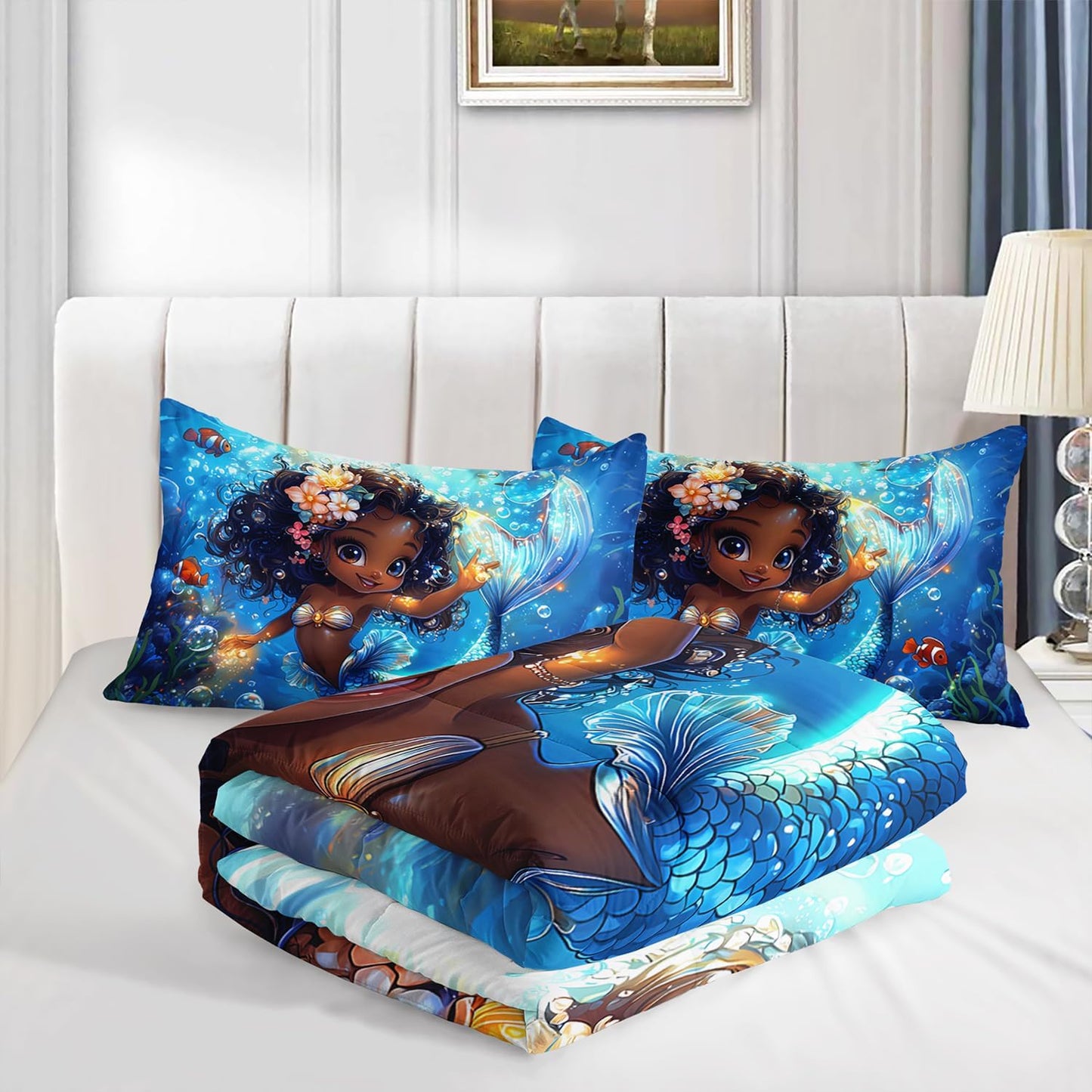 Black Little Mermaid Pattern Queen Comforter Set,Underwater World Ocean Themed Bedding Sets for Kids Toddlers Girls Boys Room Decor,Princess Bedding with 2 Pillowcases.