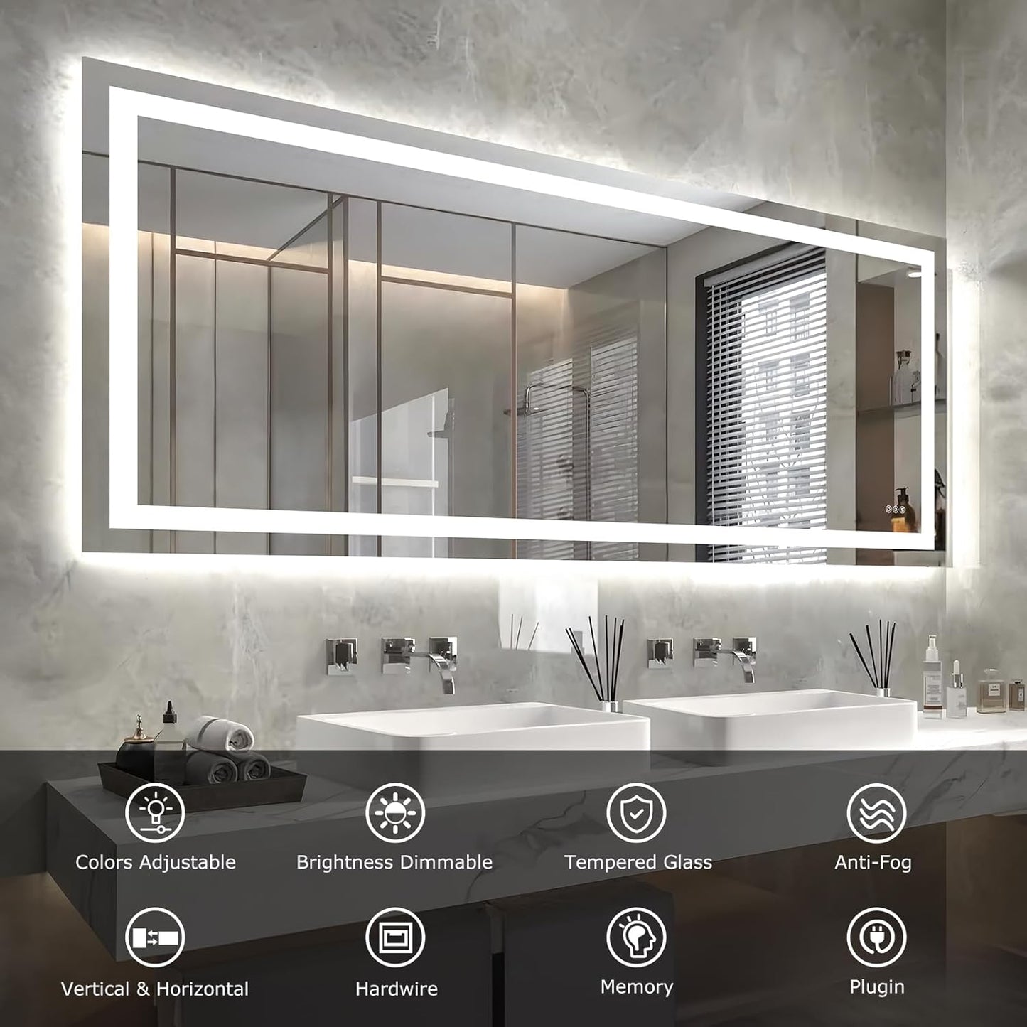 72X32 LED Bathroom Mirror with Lights, Anti-Fog, Dimmable, Backlit + Front Lit, Smart Bathroom Vanity Mirror, Memory Function, Shatterproof, Tempered Glass (Horizontal/Vertical)