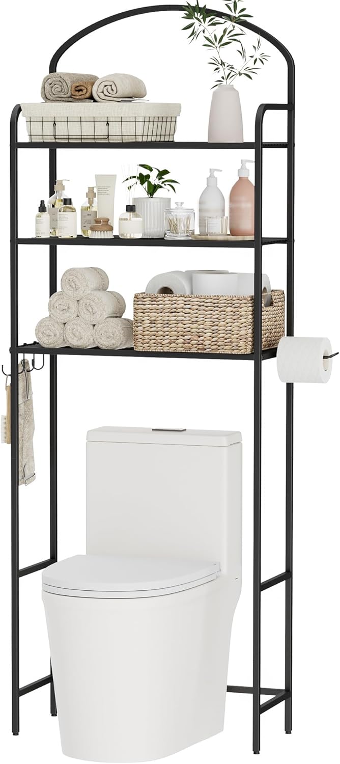 3-Tier Over The Toilet Storage, Bathroom Organizer, Space-Saving, Above Toilet Storage Rack with 4 Hooks and Paper Holder, Metal Shelf, Black
