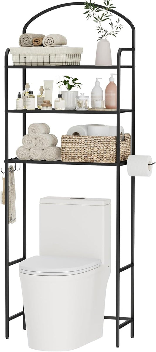 3-Tier Over The Toilet Storage, Bathroom Organizer, Space-Saving, Above Toilet Storage Rack with 4 Hooks and Paper Holder, Metal Shelf, Black