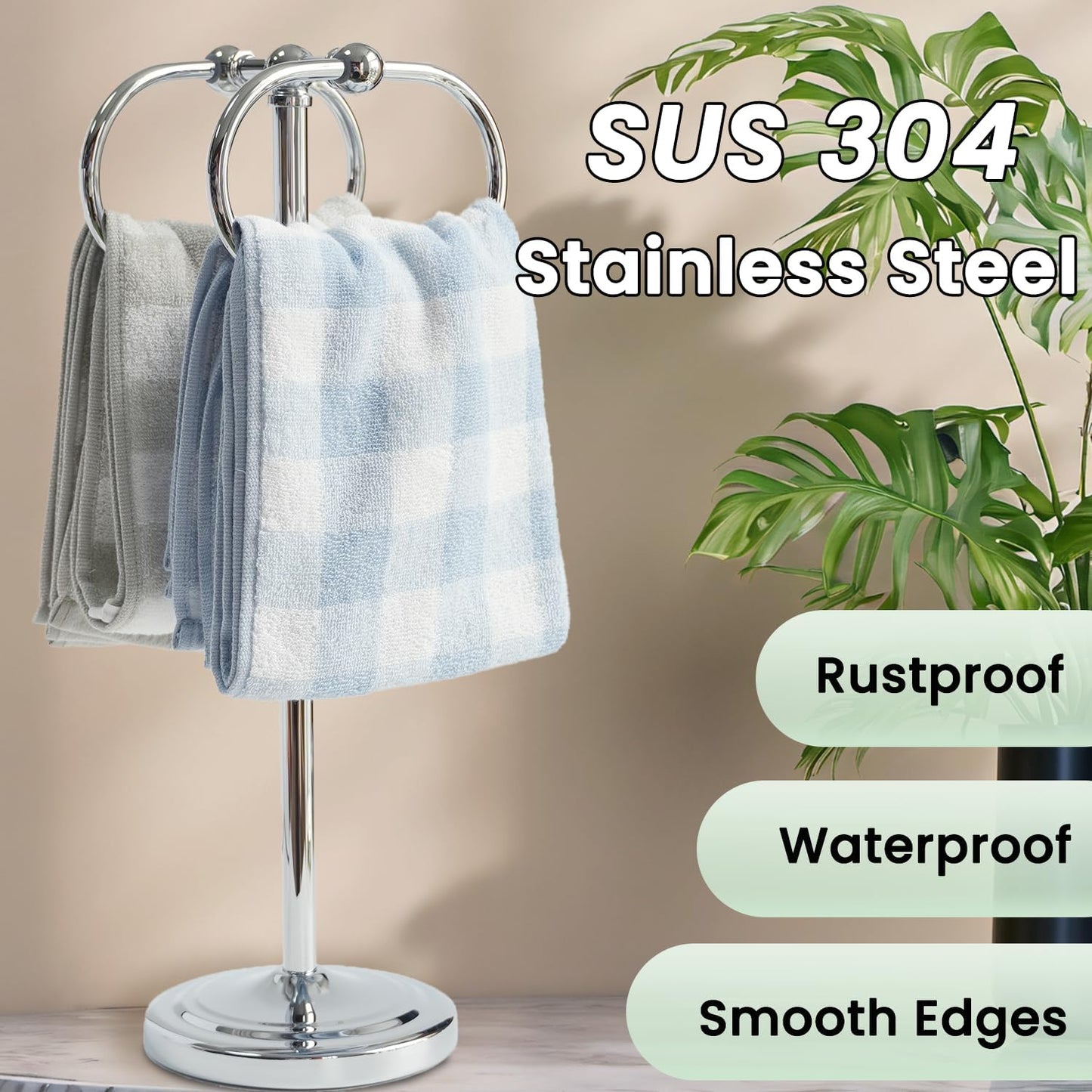 17 Inch Stainless Steel Hand Towel Holder Double Stand Hand Towel Ring for Washcloths or dishcloths Non-Slip Base Free Standing Towel Rack for Bathroom Kitchen (Chrome)