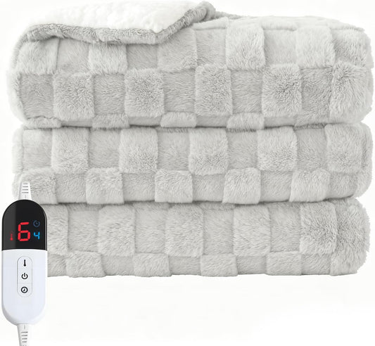 Electric Heated Throw Blanket - Jacquard Checkered Sherpa 50"x60" Fast Heating Bed Blankets with 6 Heating Levels & 4 Hours Auto Off, Over-Heat Protection ETL, Light Gray