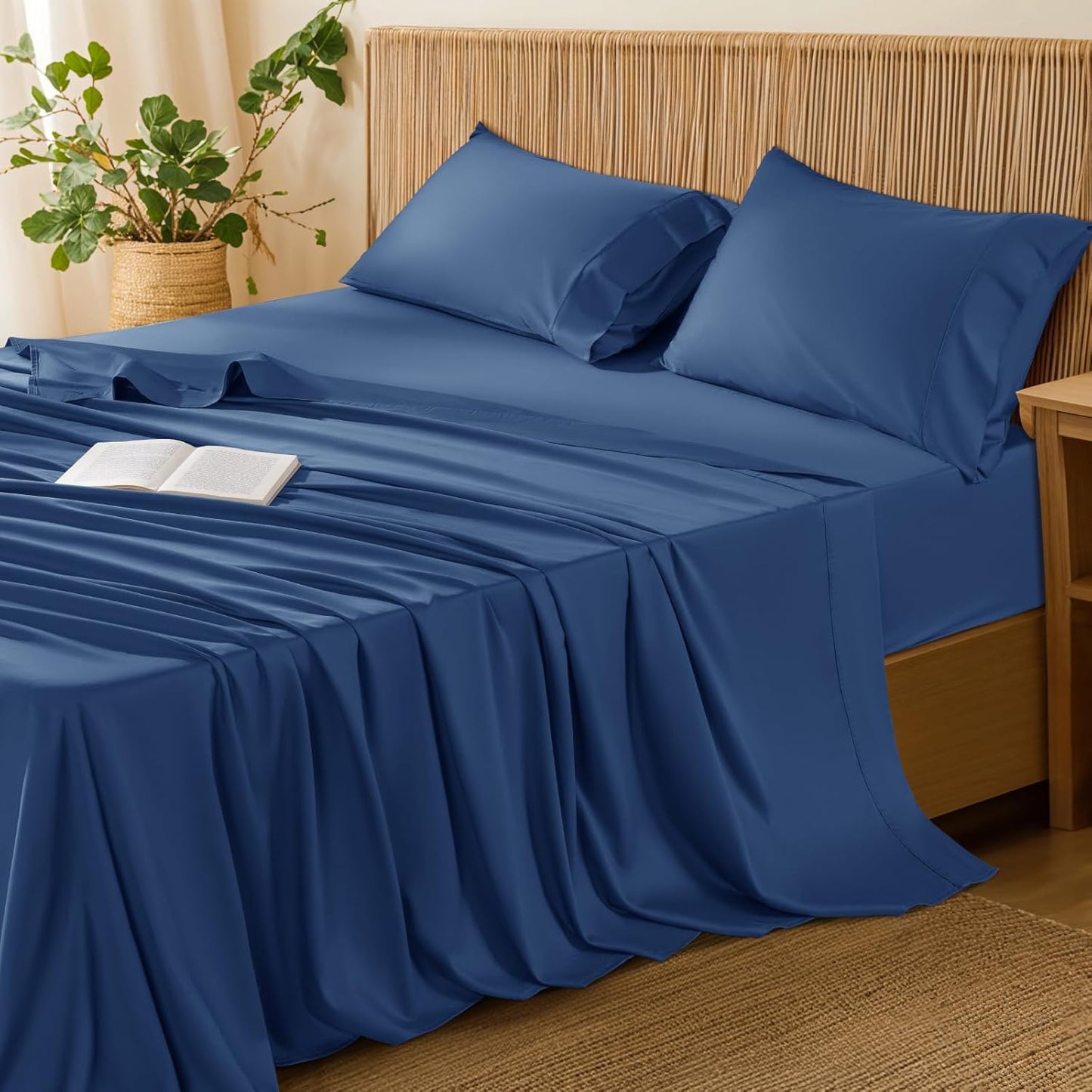LBRO2M 100% Cotton Sheets Set King Size 600 Thread Count Sheet 4 Piece Sets Bed Sheet Deep Pocket Up to 16" Soft Comfortable All Season (King, Navy Blue)