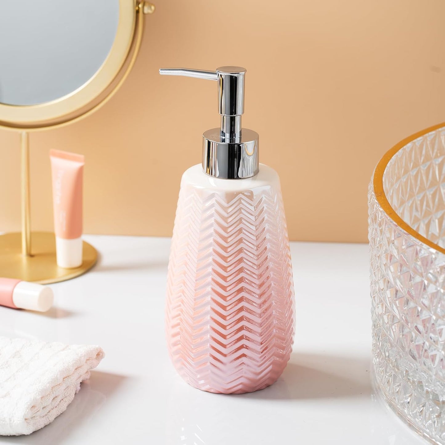 Pink Bathroom Accessories Set, 3 Pcs Ceramic Bathroom Decor Contain Toothbrush Holder,Soap Dispenser, and Soap Dish.