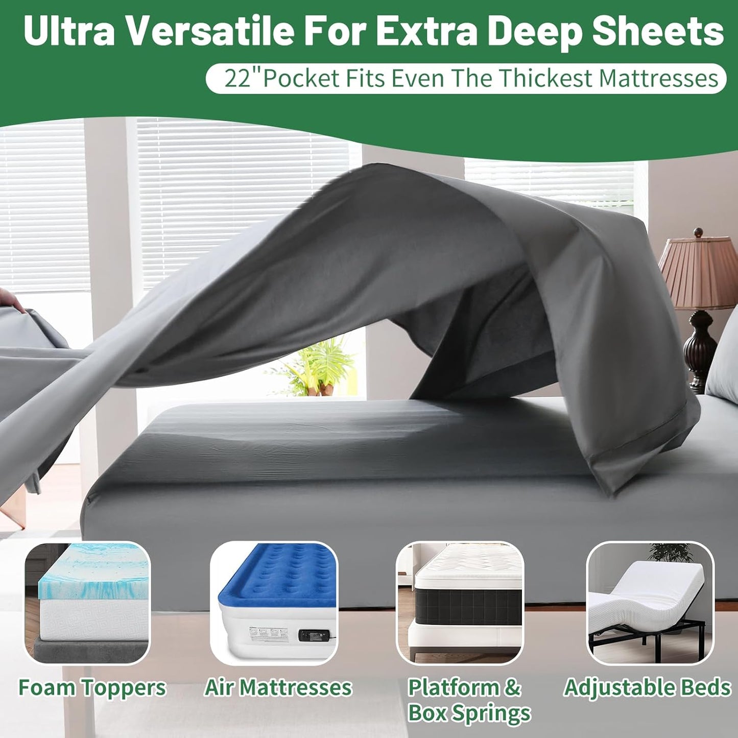 Extra Deep Pocket California King Sheets 18-24 Inch 1000 Thread Count 100% Egyptian Cotton Sateen Weave Soft Breathable 4 Pieces（California King,Grey）