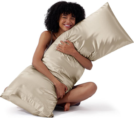 Bedsure Body Pillow Cover 20x54 Inches - Khaki Satin Similar to Silk Pillowcase for Hair and Skin, Cooling and Silky Long Body Pillow Pillowcase with Envelope Closure, Gifts for Women Men