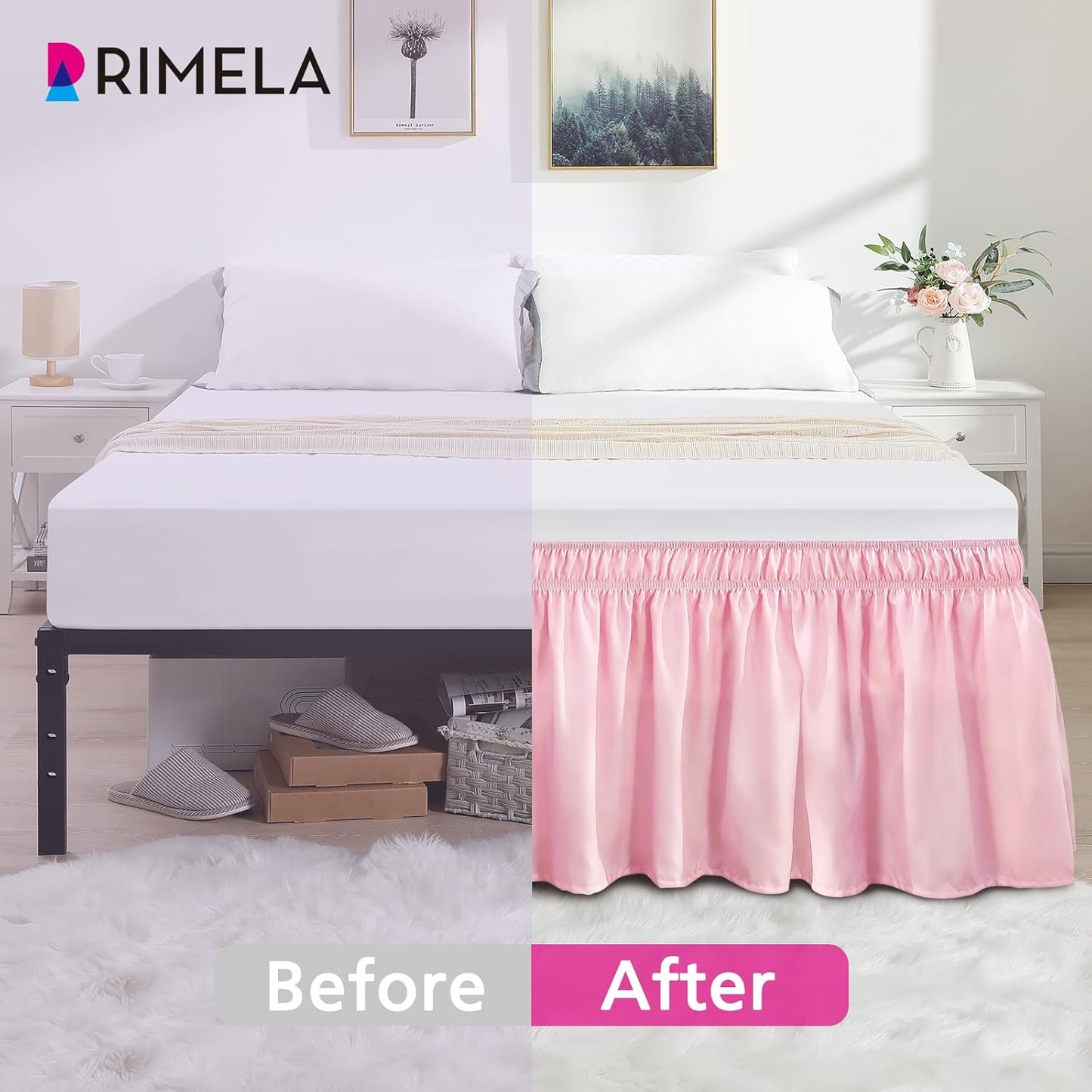 RIMELA Dusty Pink Bed Skirt Queen Size 18 Inch Drop, Wrap Around Elastic Bedskirt, Dust Ruffle for Adjustable Bed Base Machine Washable Easy to Install Bed Skirts