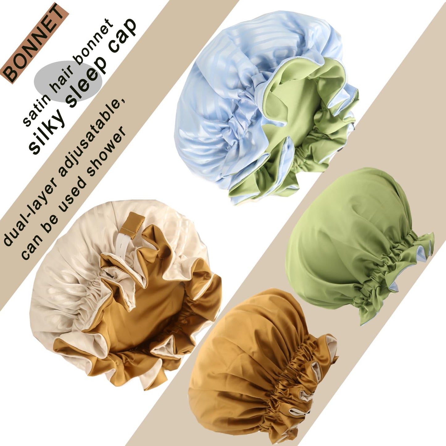 Satin bonnet 2PCS silk hair bonnet cap for women reversible for sleeping Adjustable Night sleep cap for curly natural hair double-layer and Washable Can Be Used Shower (Apricot &Blue stripe)