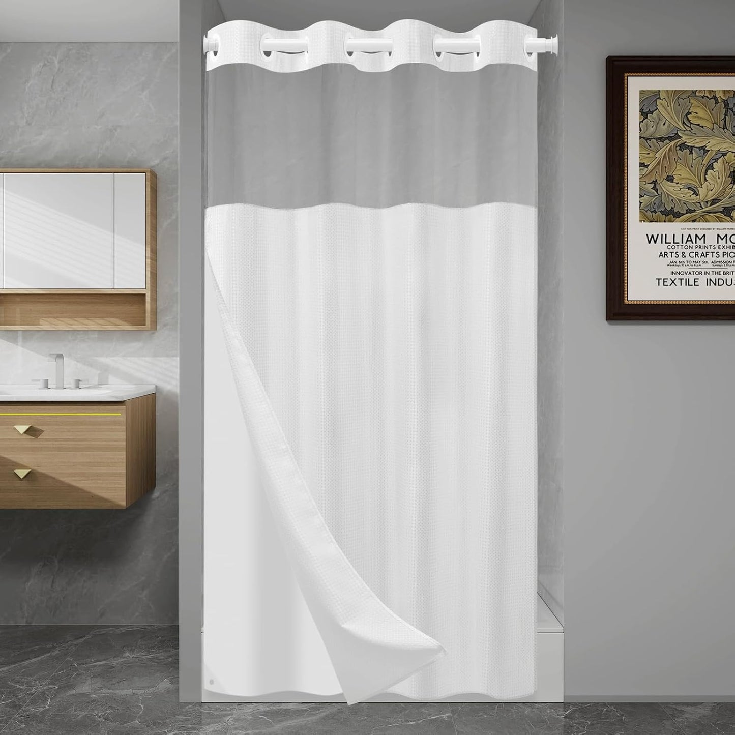 No Hook Shower Curtain with Snap in Liner Set Waffle Shower Curtain for Bathroom Hotel Style Fabric Waterproof Inner Liner，60" W x 74" H, White