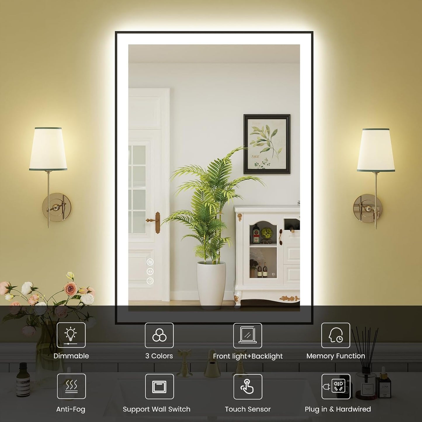 WTTY 24"X36" LED Bathroom Mirror with Black Frame, Bathroom Vanity Mirror with Lights for Wall, Front Light and Backlit, Anti-Fog, Dimmable, 3 Colors, Shatterproof, Memory, Horizontal/Vertical
