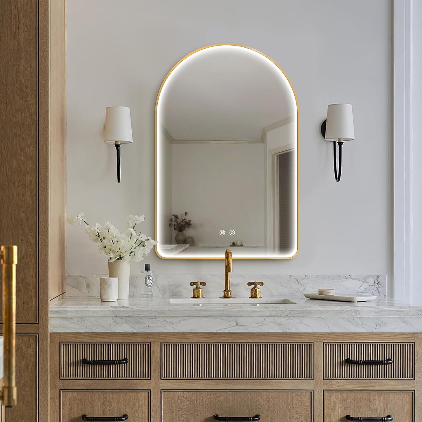 Niccy Arched LED Bathroom Mirror, 36"x24" Gold Framed Arch Wall Lighted Mirrors, Arching Frontlit Vanity-Mirror with Memory Function for Bathroom Bedroom, Defogger and 3 Color, Explosion-Proof