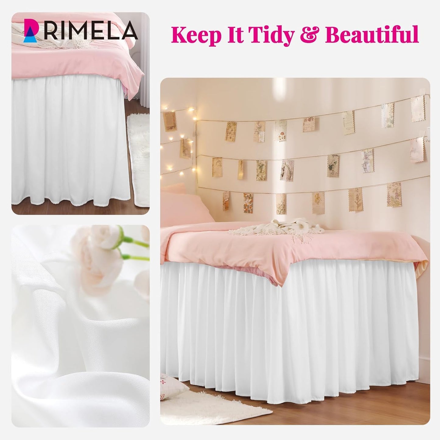 RIMELA Dorm Bed Skirt Twin XL 36 Inch Drop, Easy to Install Extra Long Wrap Around Elastic Dust Ruffle, White Bedskirt Solid Silky Fabric Machine Washable (Twin XL 80“L x 39”W & Twin 75“L x 39”W)