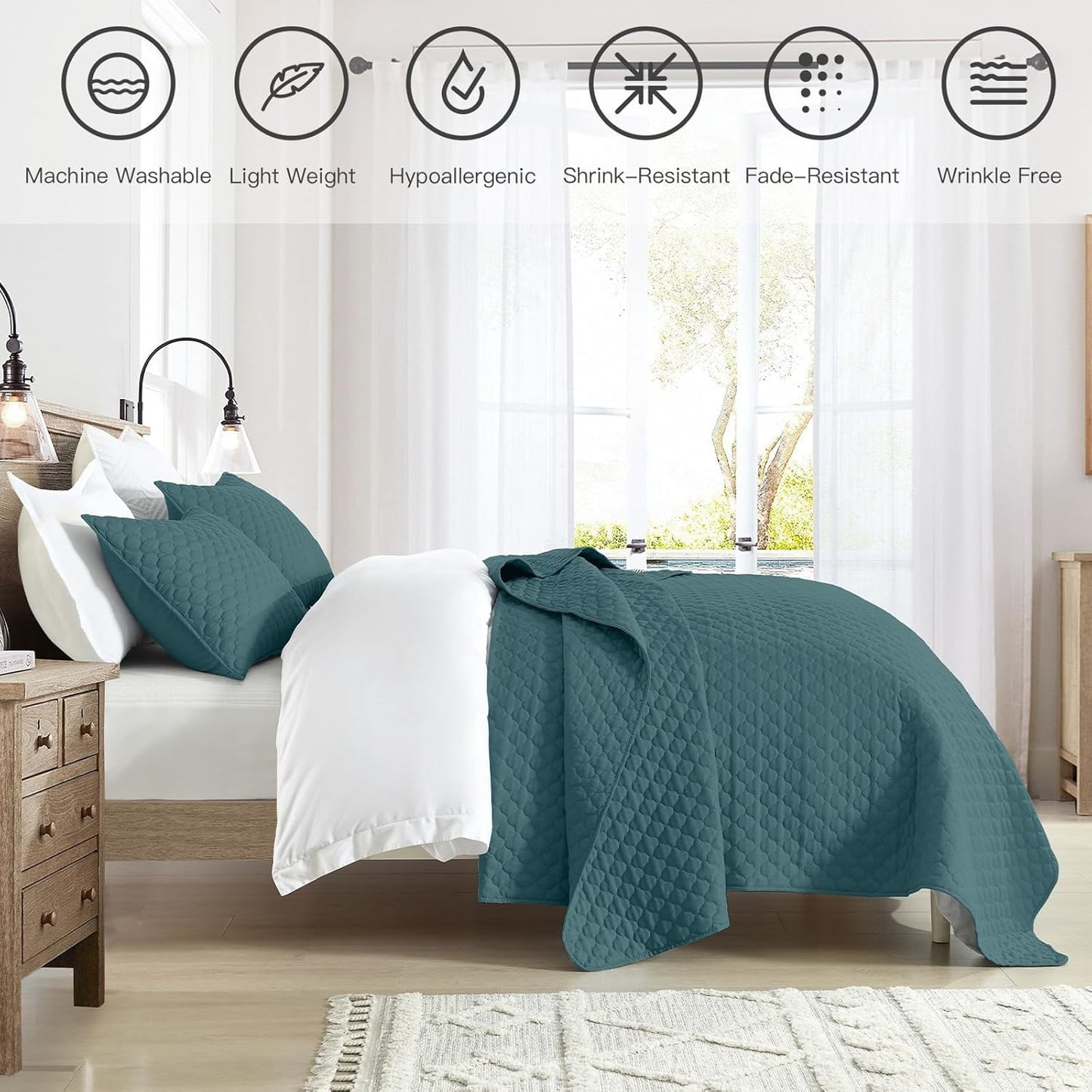 HORIMOTE HOME Quilt Queen Size Teal Blue, Lightweight Quilt for Summer Ultra-Soft Microfiber Modern Style Quilted Clouds Pattern Bedspread Quit Set 3 Pieces(1 Quilt and 2 Pillow Shams)