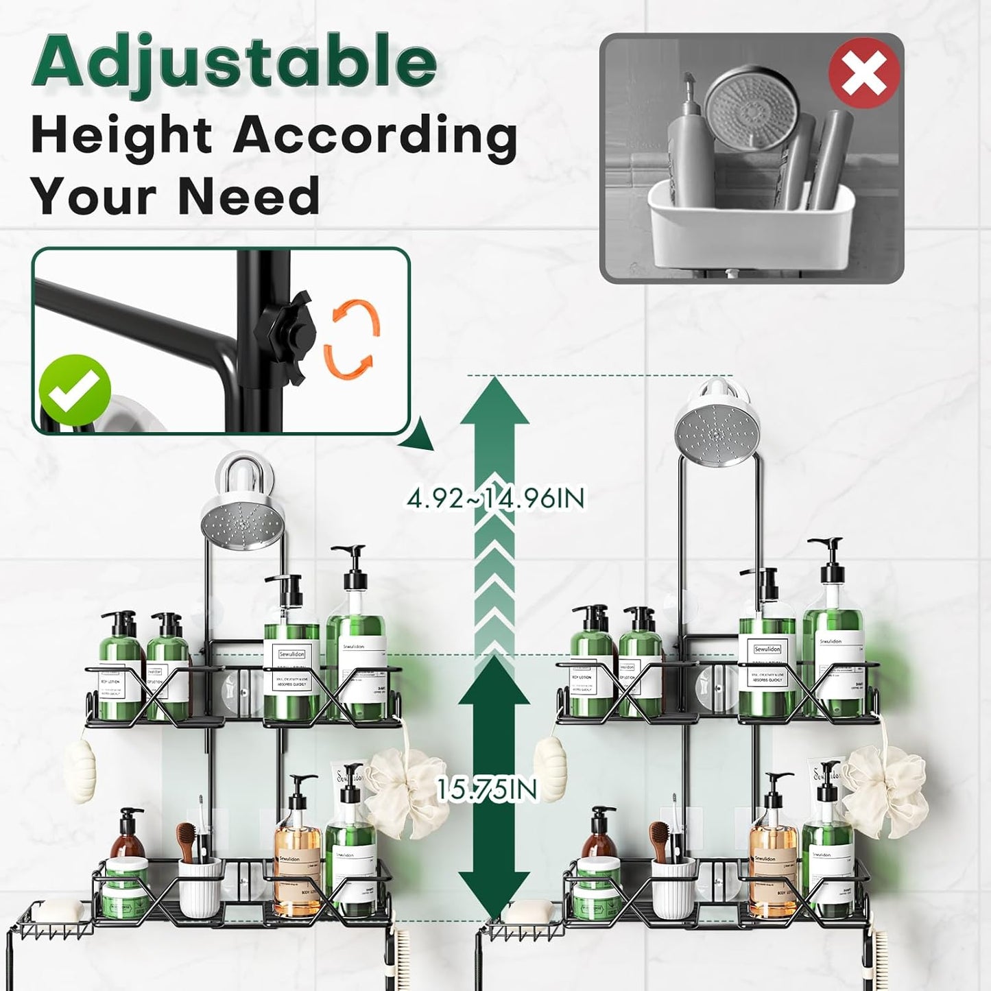 Stainless Steel Hanging Shower Caddy for Handheld Shower Heads,Adjustable Height Extra Long Bathroom Shower Organizer Hanger Rack with Hooks,Soap Holder