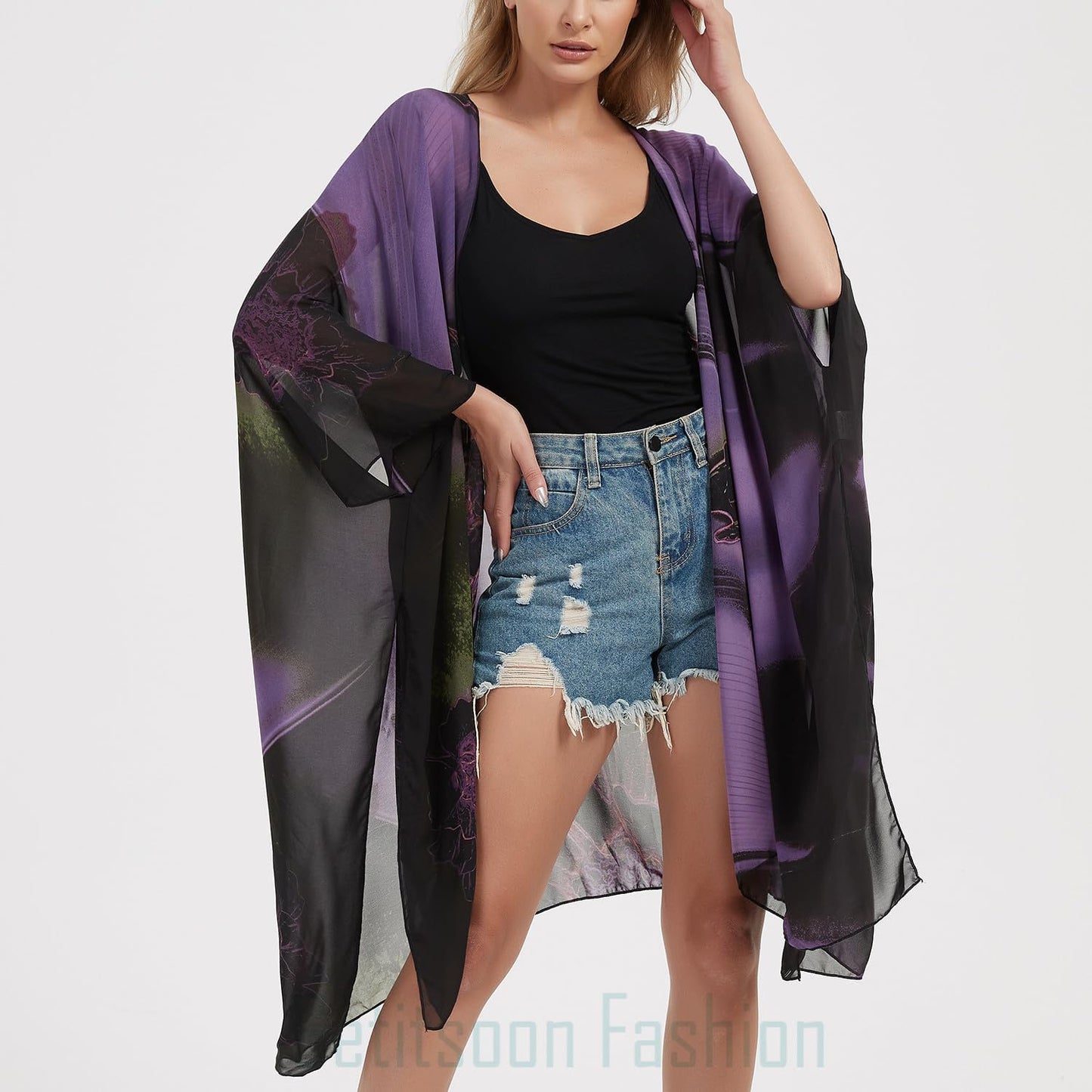 Women's Bohemian Floral Chiffon Beach Cover up Swimsuit Kimono Summer Swimwear Cardigans