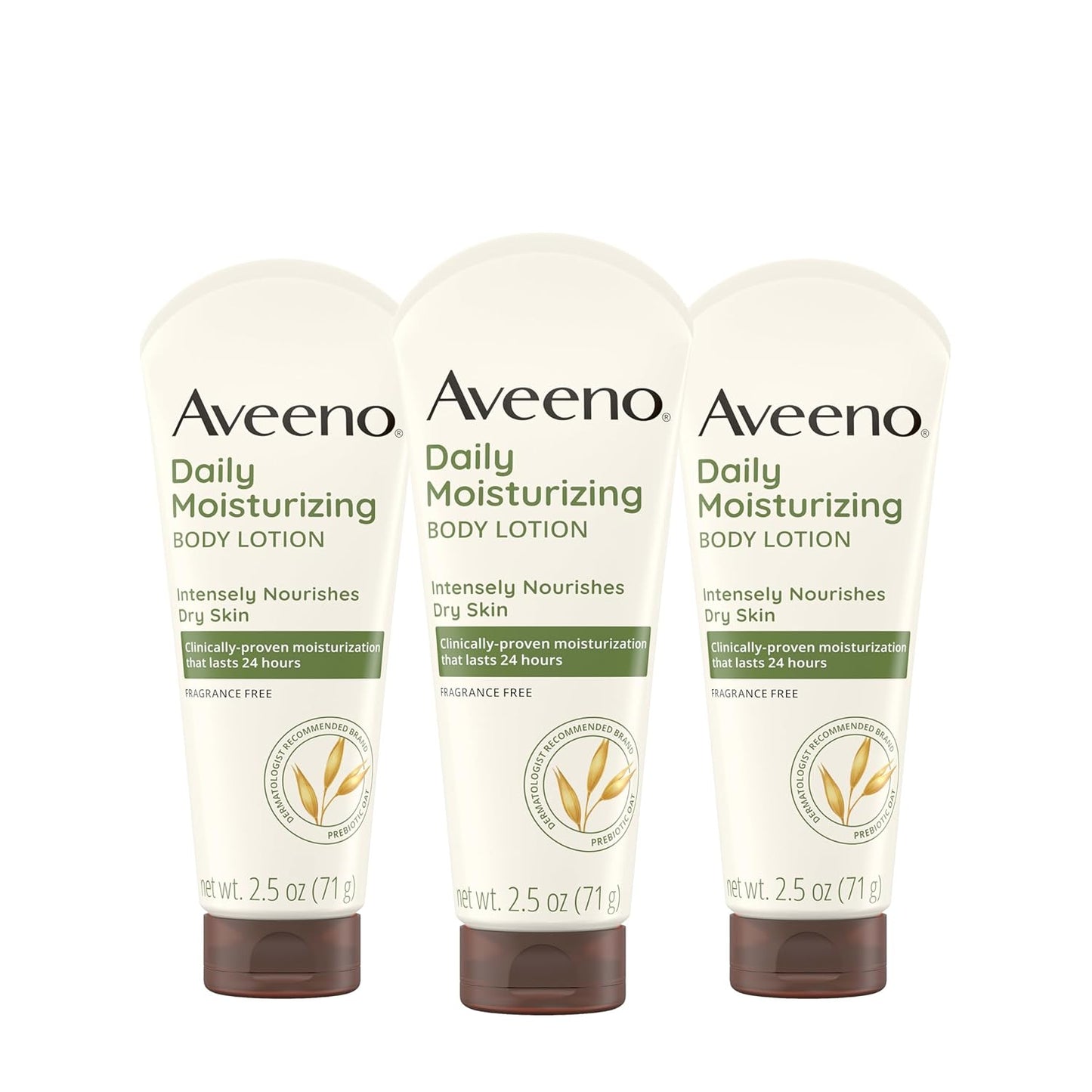 Aveeno Daily Moisturizing Body Lotion, Gentle Lotion Nourishes Dry Skin with Moisture, Sooth-ing Prebiotic Oat, Fragrance-Free, Non-Comedogenic, Travel-Size, 2.5 fl. oz, 3 Pack