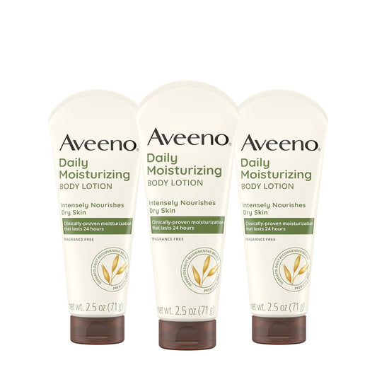 Aveeno Daily Moisturizing Body Lotion, Gentle Lotion Nourishes Dry Skin with Moisture, Sooth-ing Prebiotic Oat, Fragrance-Free, Non-Comedogenic, Travel-Size, 2.5 fl. oz, 3 Pack