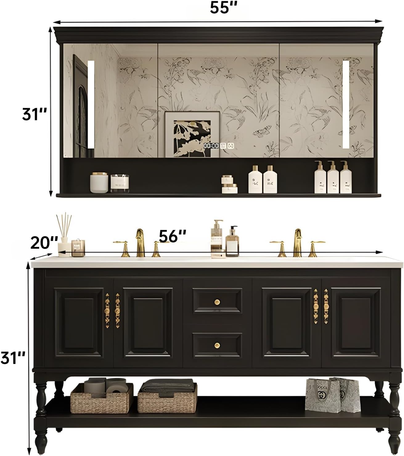 56" Double Bathroom Vanity with Sink,Freestanding Bathroom Vanity Large Storage Cabinet & Open Mirror Cabinet,4 Soft Closing Doors and 2 Drawers Solid Wood Luxury Bathroom Vanities Set,Black
