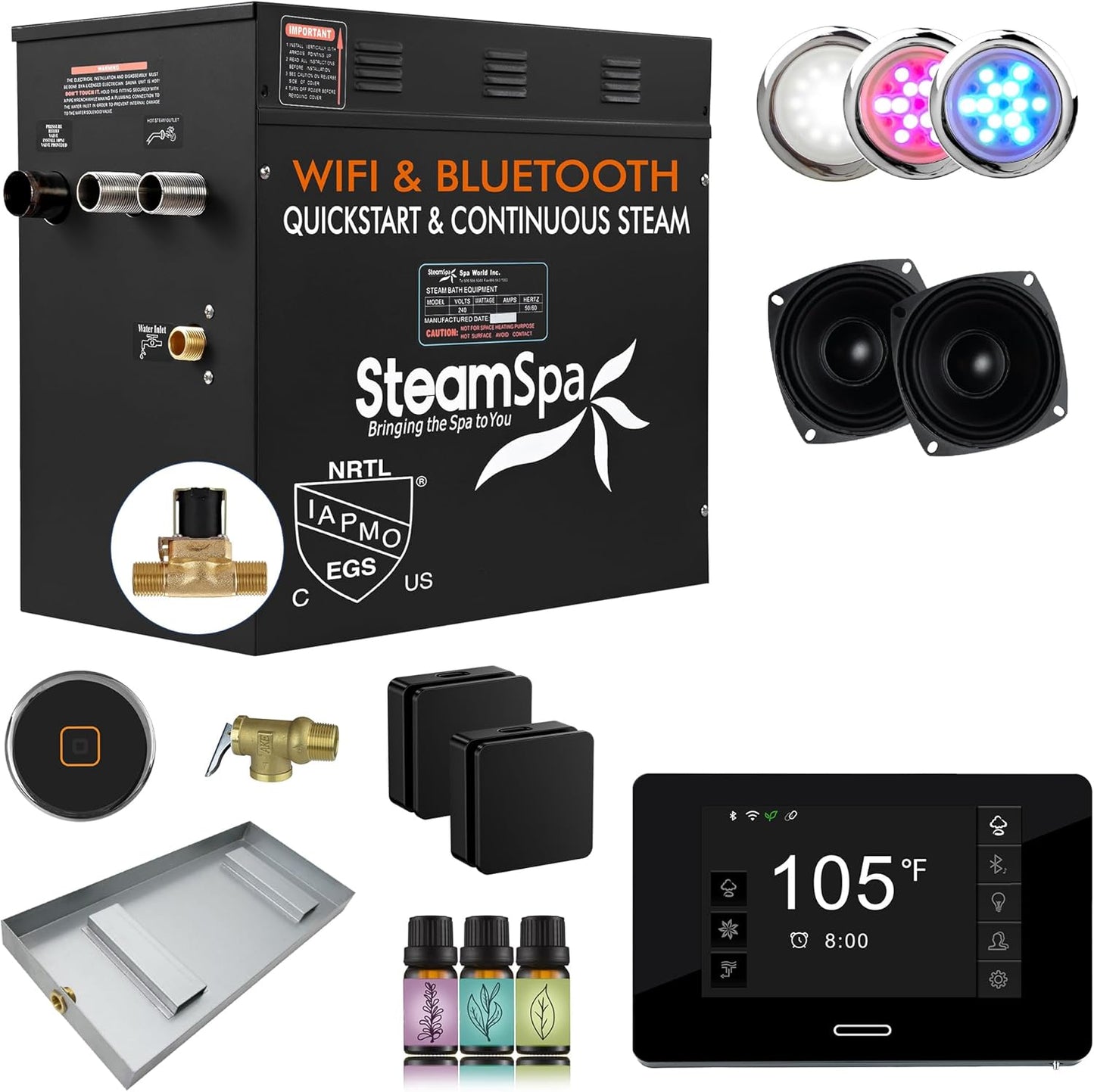 SteamSpa Steam System 10.5kW Steam Shower Generator with Bluetooth Wifi, Quickstart Continous Steam, Advanced Touch Pad Screen, Chroma Lights, Drain Pan and Auto Drain Black Color Trim | RVBS1050BK-A