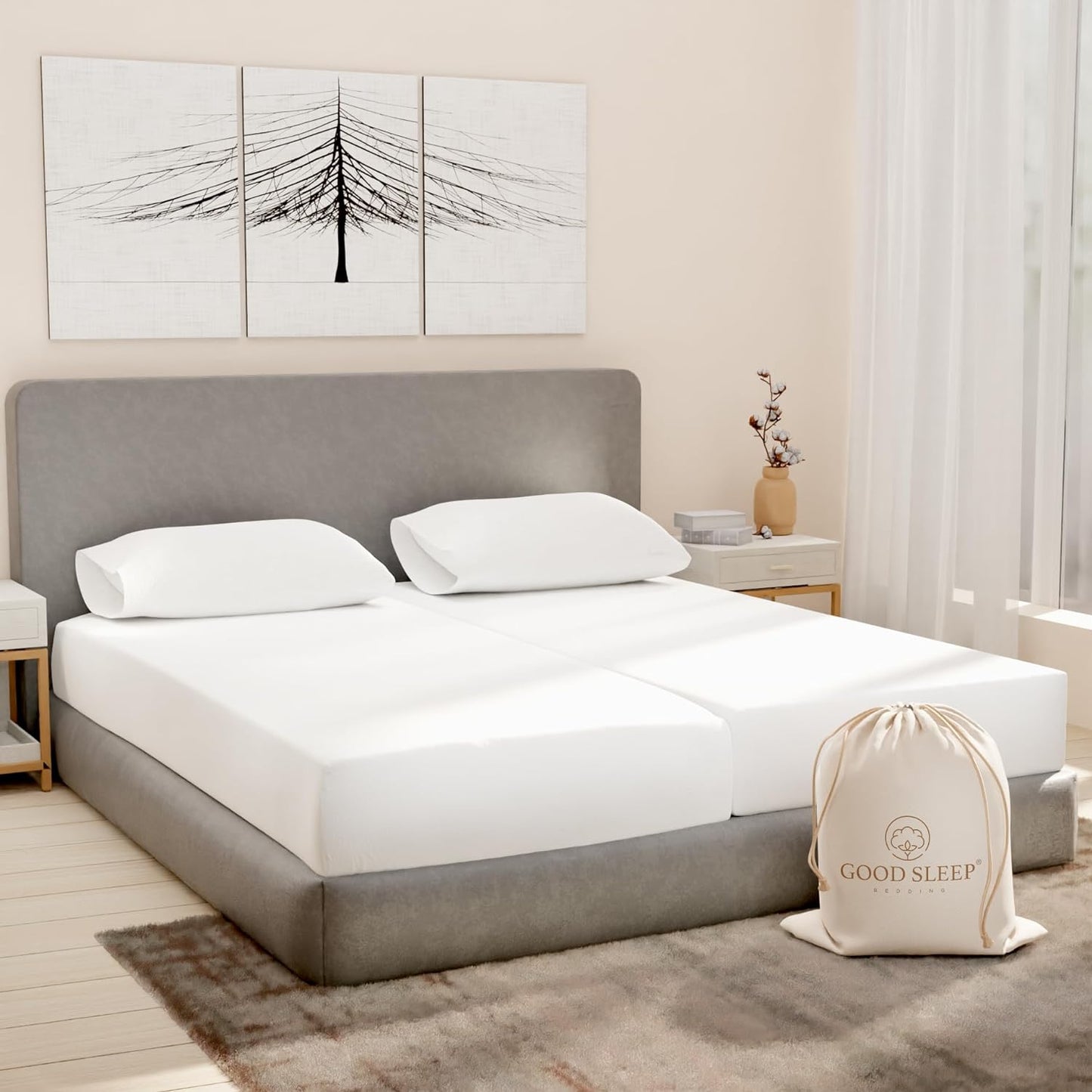 Good Sleep Bedding Split King Sheets Sets for Adjustable Bed Cotton, Luxury Sheets, Egyptian Cotton, 5 Piece 100% Cotton Split King Sheet Set, Sateen Sheets, 2 Fitted - 16" Deep Pocket, White