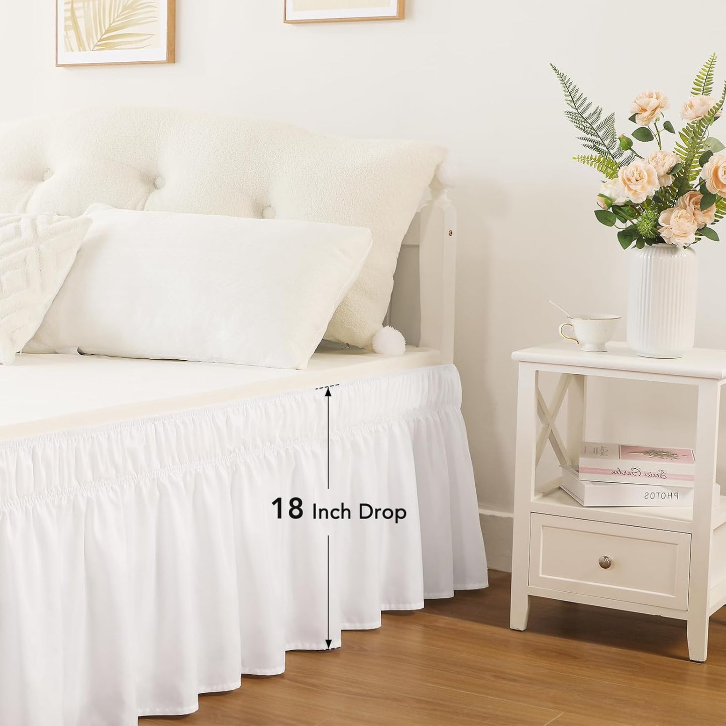 RIMELA White Bed Skirt Queen Size 18 Inch Drop, Elastic Bed Skirting for Bed Base and Frame, Bedding Dust Ruffle Easy to Install, Lightweight Wrap Around Adjustable Bedskirt