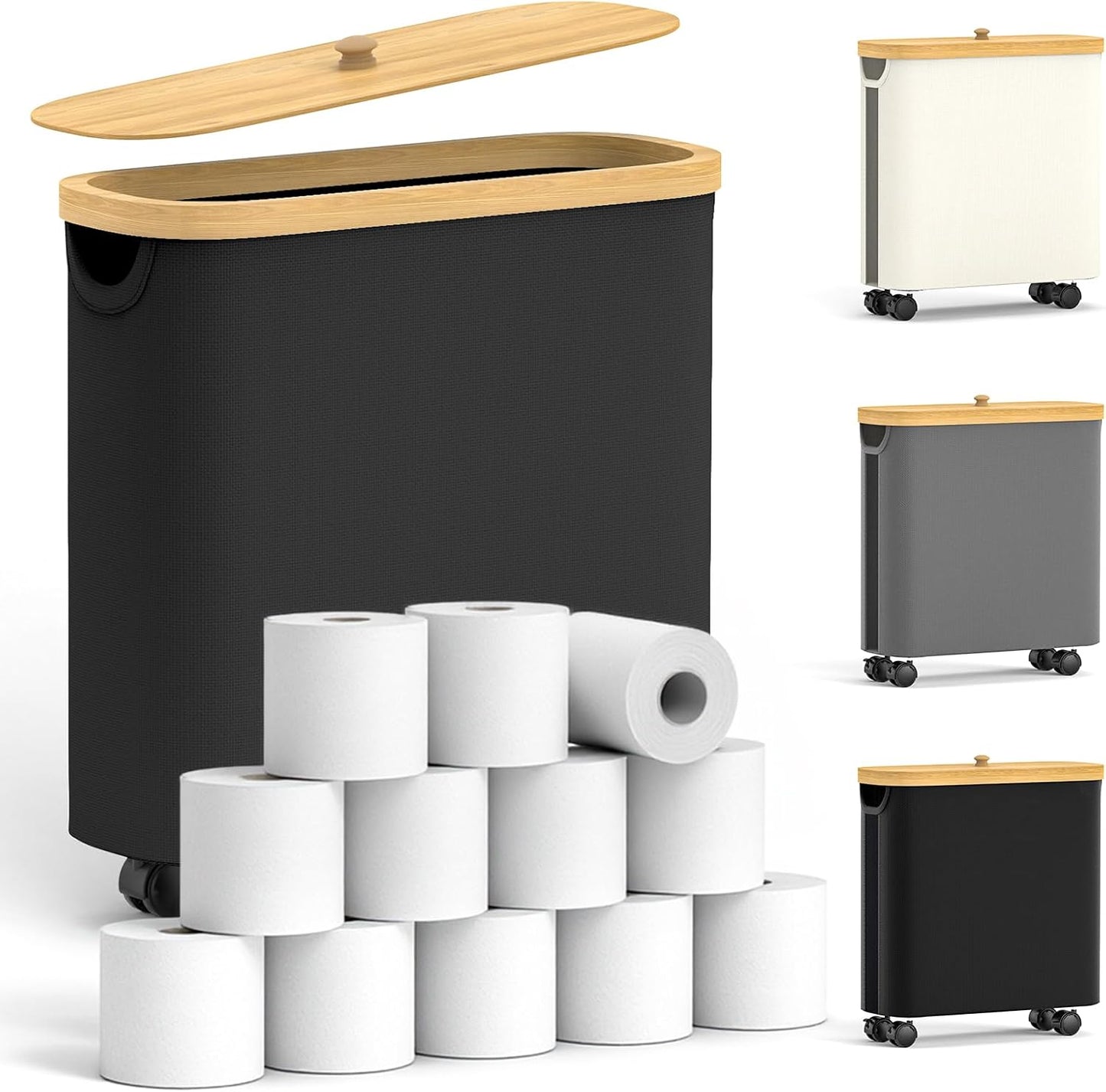 Toilet Paper Storage with Wheel Bamboo Toilet Paper Holder with Lid and Handle Toilet Papers Organizer for Bathroom Free Standing 30L Papers Basket for 9-12 Rolls Bathroom Accessories, Black