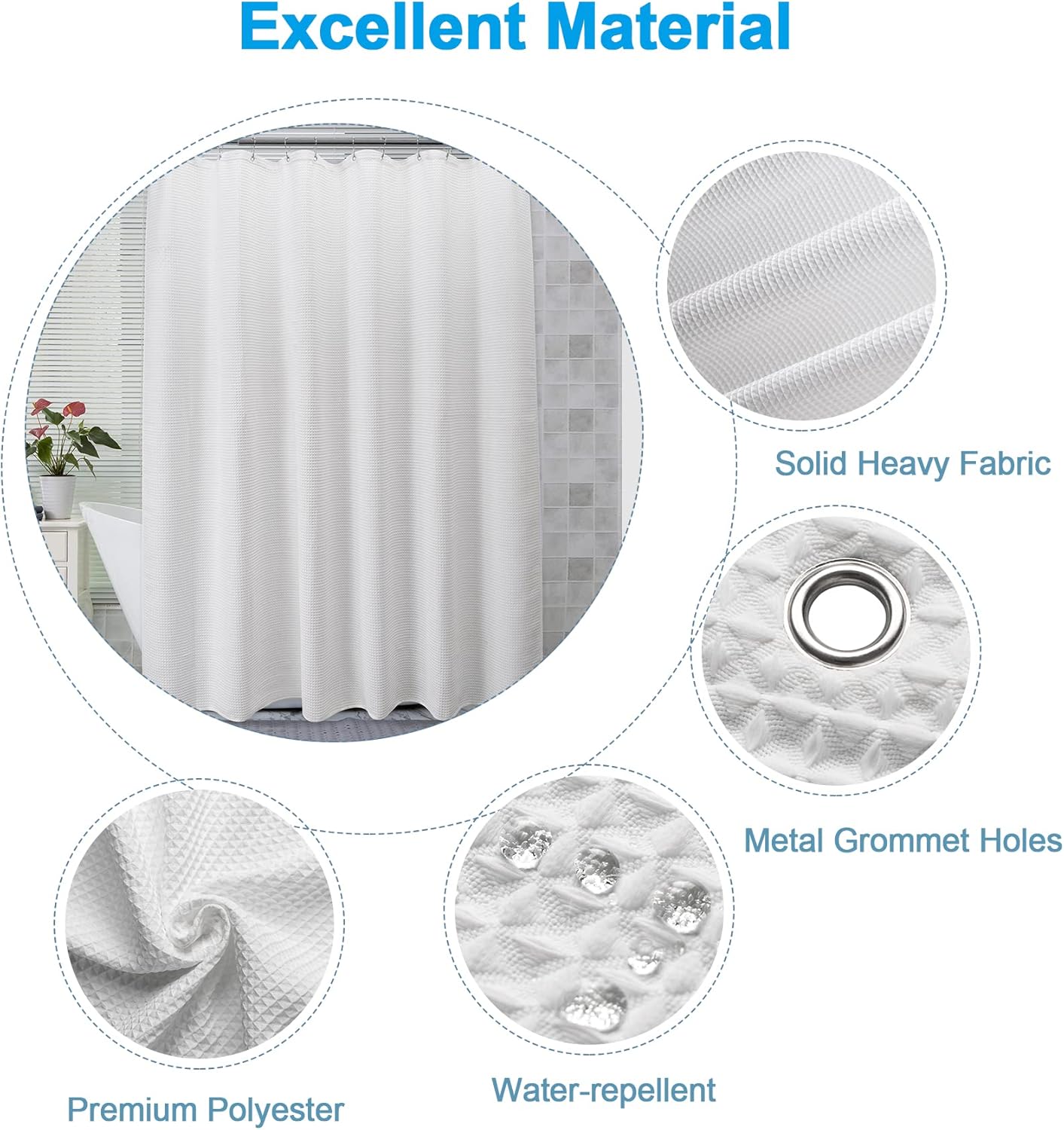 AmazerBath White Shower Curtain Fabric, Waffle Shower Curtain Polyester, Luxury Cloth Shower Curtains for Bathroom, Hotel Quality, Machine Washable, Heavy Duty, 72 x 72 Inches (Matte White)
