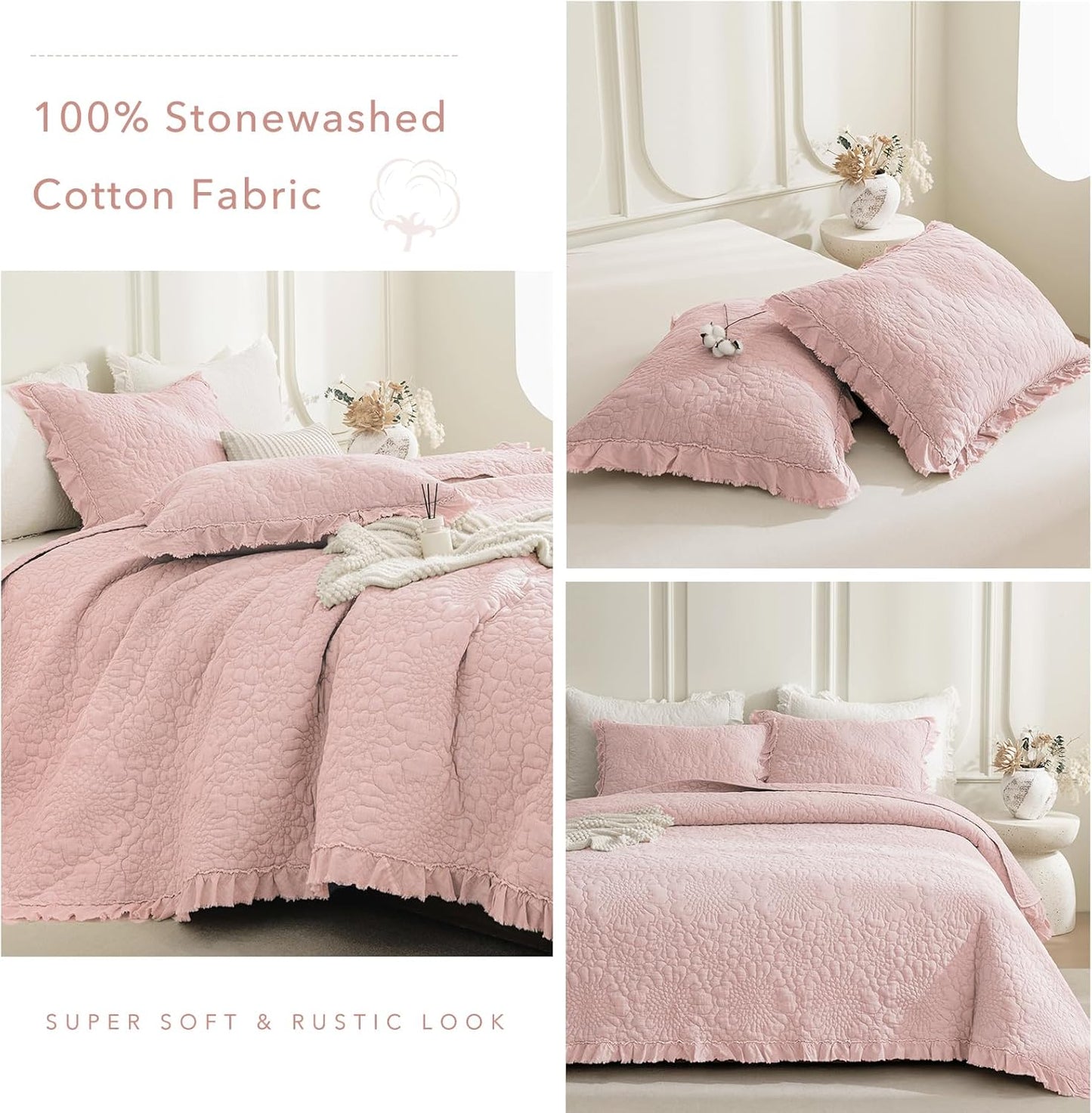 QSH 3PCs Blush Oversized King Quilt Bedspread Set(120"x120"),Stonewashed Cotton Ruffle Quilt California King,Ultra Soft Lightweight Crinkled Shabby Bedspread Coverlet Bedding Set for All Seasons