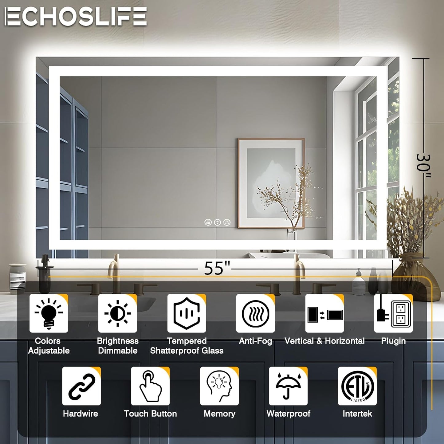 55"x30" LED Bathroom Mirror, Front & Backlit, Anti-Fog Vanity Mirror with Dimmable Lights, 3 Colors Smart Mirror (Horizontal/Vertical)