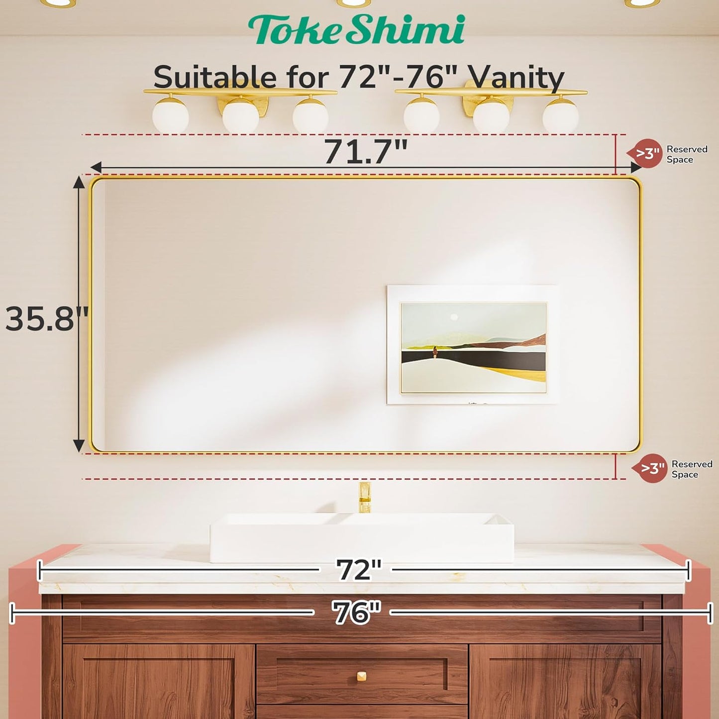 TokeShimi 72x36 Black Bathroom Mirror,Tempered Glass,Bathroom Wall Mirror with Seamless Aluminum Frame,Modern Bathroom Vanity Mirror Shatterproof(Horizontal/Vertical)