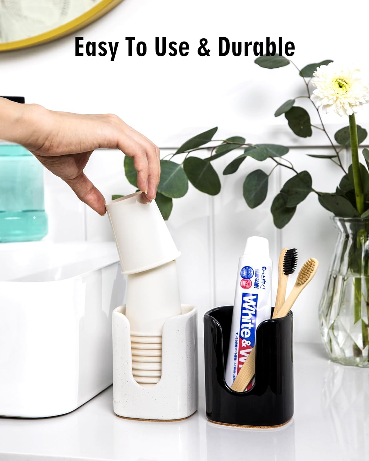 5 oz Square Ceramic Bathroom Cup Dispenser for Kids and Pregnancy - Disposable Paper Cup Holder for Mouthwash Cups on Bathroom Vanity Countertop (2 Pack, White)