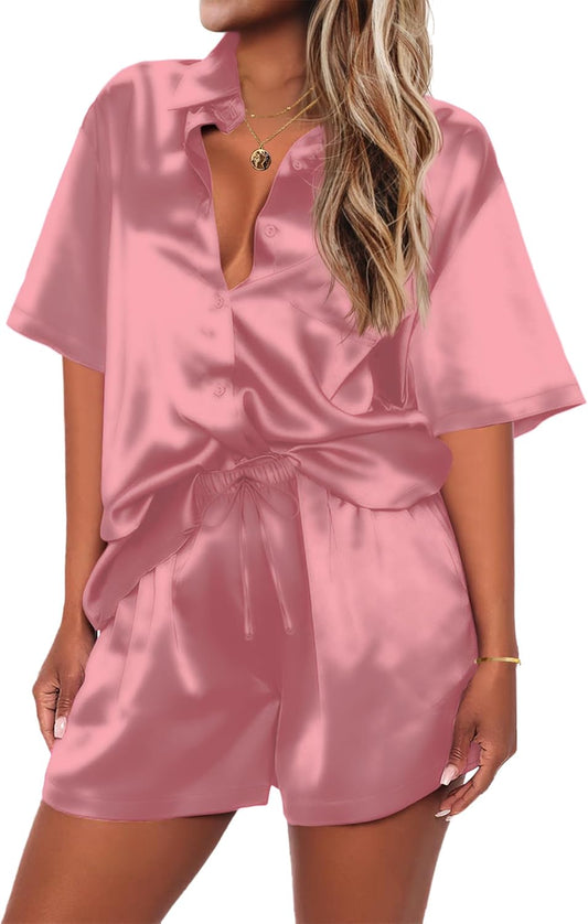 Ekouaer Pajamas for Women Set Silk Satin Pjs Shorts Sleepwear 2 Piece Loungewear S-XXL