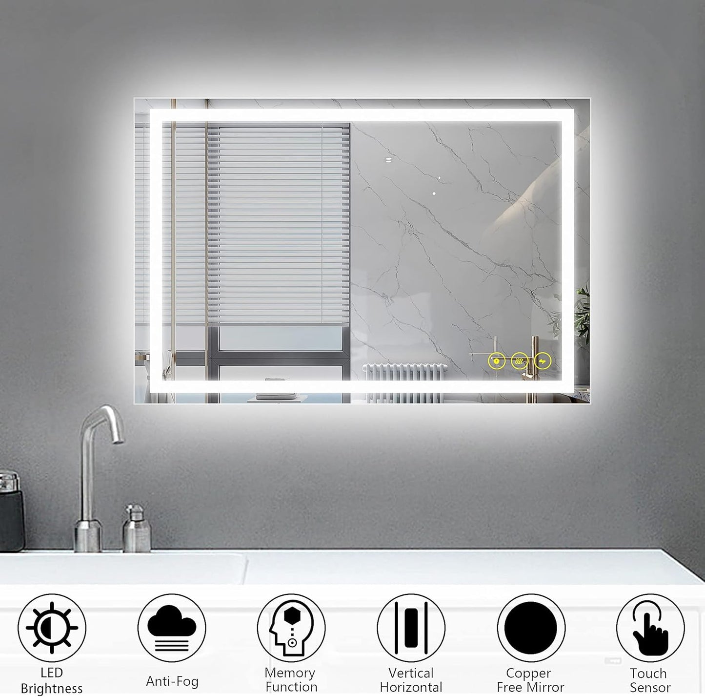 Wall-Mounted LED Square Bathroom Mirror, Makeup Mirror (36 inches x 24 inches,) 3 Color Stepless Dimmable Memory Bathroom Vanity Mirror with Lights CRI90+ 3000-6400K Smart Mirror with Touch