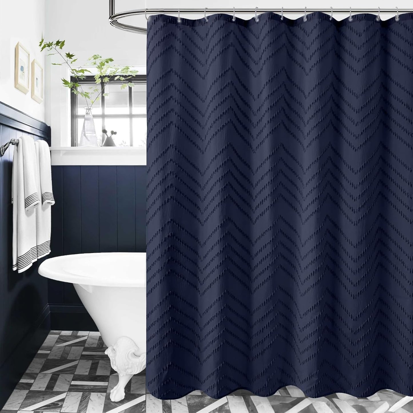 84 Inches Long Boho Tufted Chevron Striped Fabric Shower Curtain Navy Blue 72x84 Tall Minimalist Waterproof Cloth Shower Curtain, Wrinkle Free