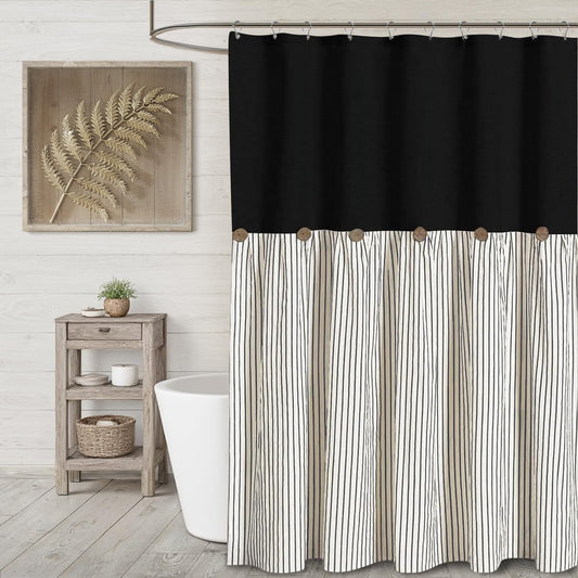 Farmhouse Shower Curtain Linen Blcak Button Woven Fabric Country Rustic Western, Pleated Black Stripe 72" W x 72" L