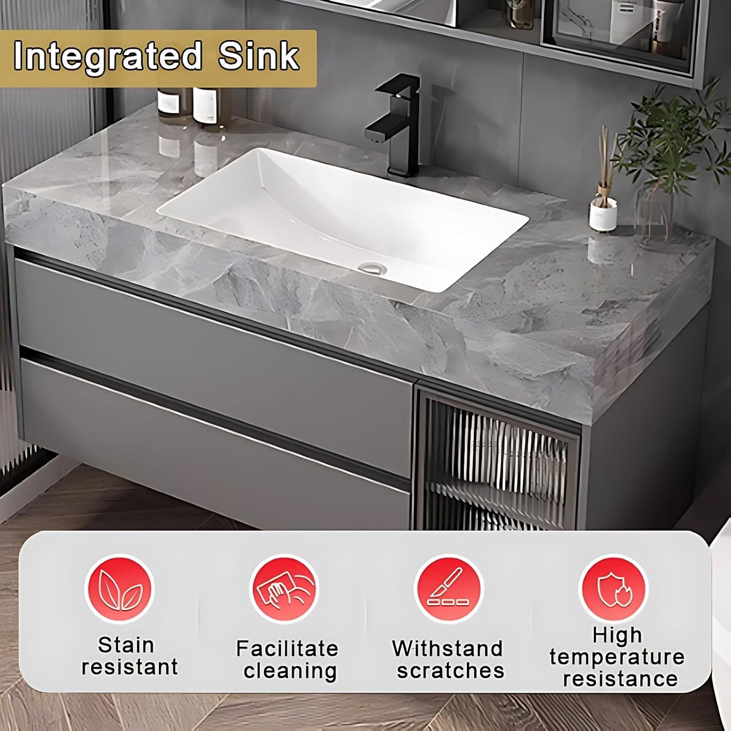 Gray 28IN Modern Bathroom Vanity - Wall-Mounted Bathroom Storage Cabinet & Bathroom Vanity with Sink, Bathroom Medicine Cabinet Wall Mounted, Defogging & Led Lighting | Bathroom Cabinet Slim
