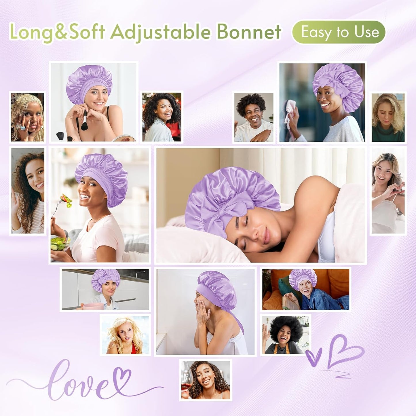BONNET QUEEN Silk Bonnet Satin Bonnet Hair Bonnet for Sleeping Sleep Cap Bonnets for Women Girls Wig with Stretch Tie Band Edge Wrap Lilac